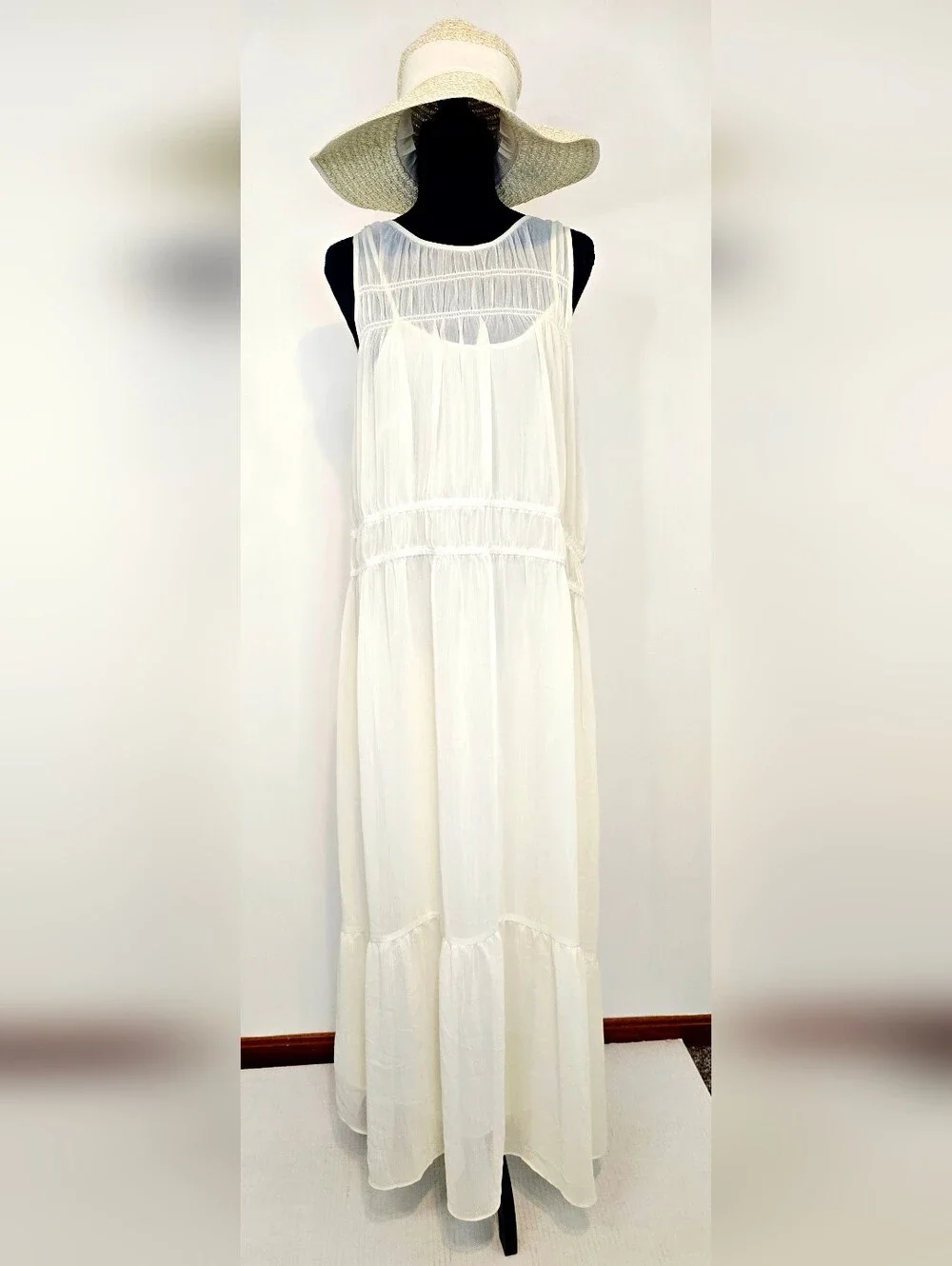 A New Day Ivory Sheer Overlay Maxi Dress NWT Boho Cottagecore Coastal Grandma - Picture 2 of 9
